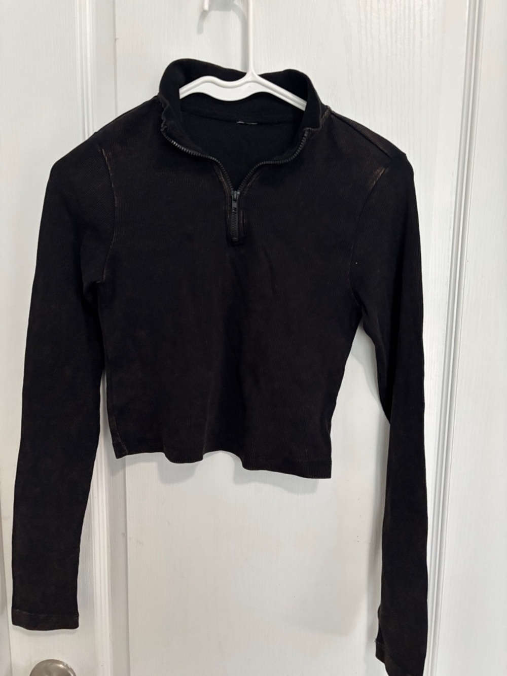 Cropped Black Half-Zip Long Sleeve Top